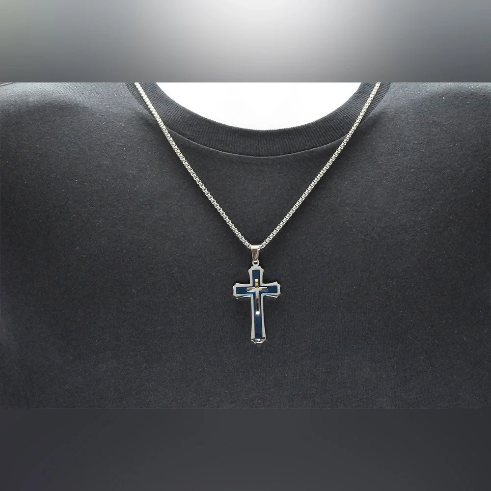 NEW Blackjack, Stainless Steel Blue Cross Pendant Necklace - Picture 5 of 5